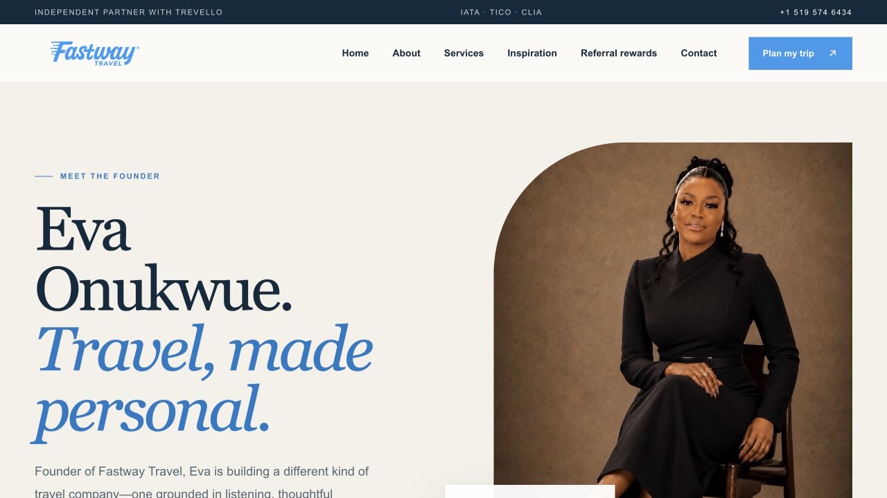 Fastway Travel founder page featuring Eva Onukwue
