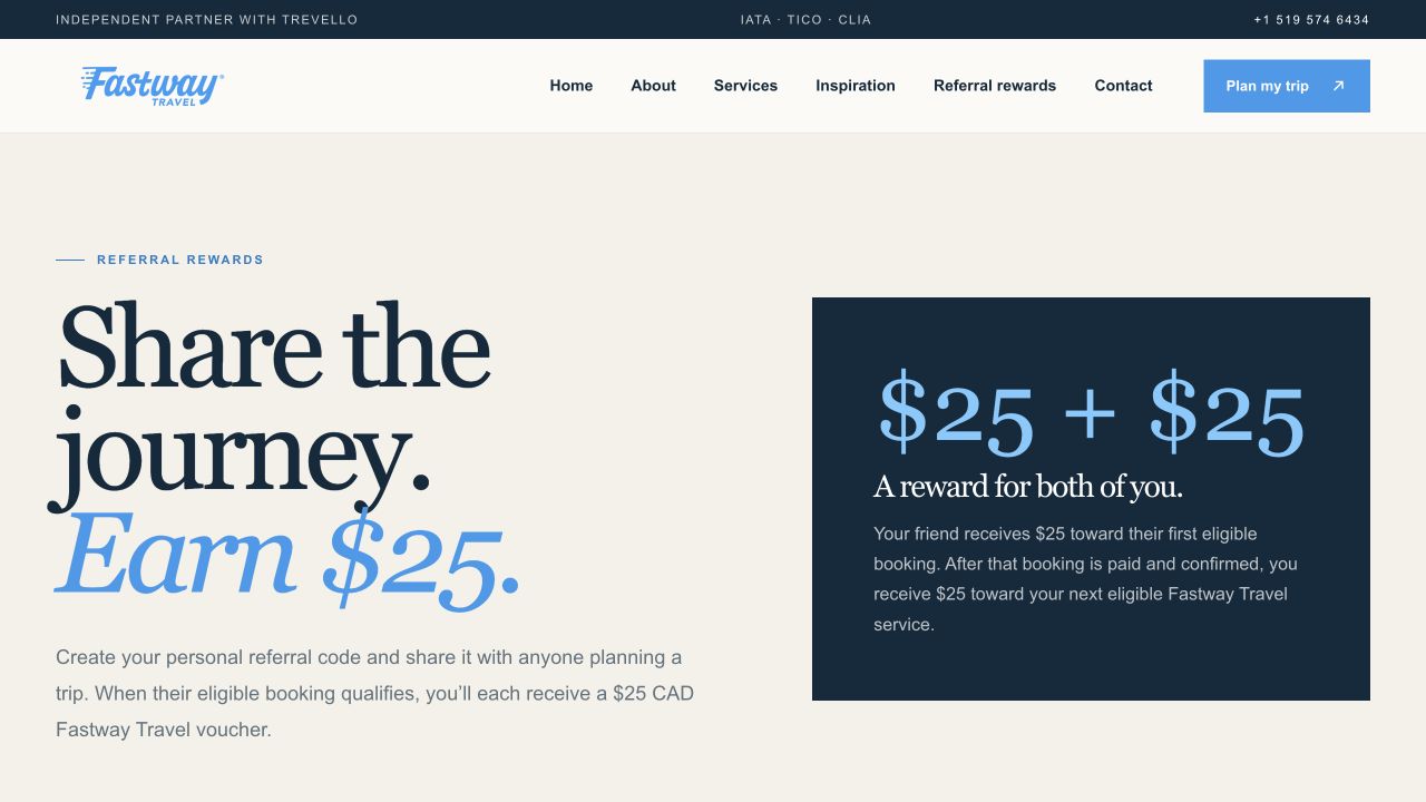 Fastway Travel referral rewards page